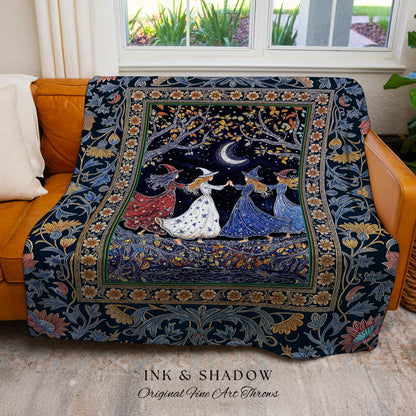 Moonlit Magic Witches Tapestry Blanket | Medieval Fairytale Floral Enchanted Witchcore Baroque Dark Folk Art Home Decor Occult Boho Throw |