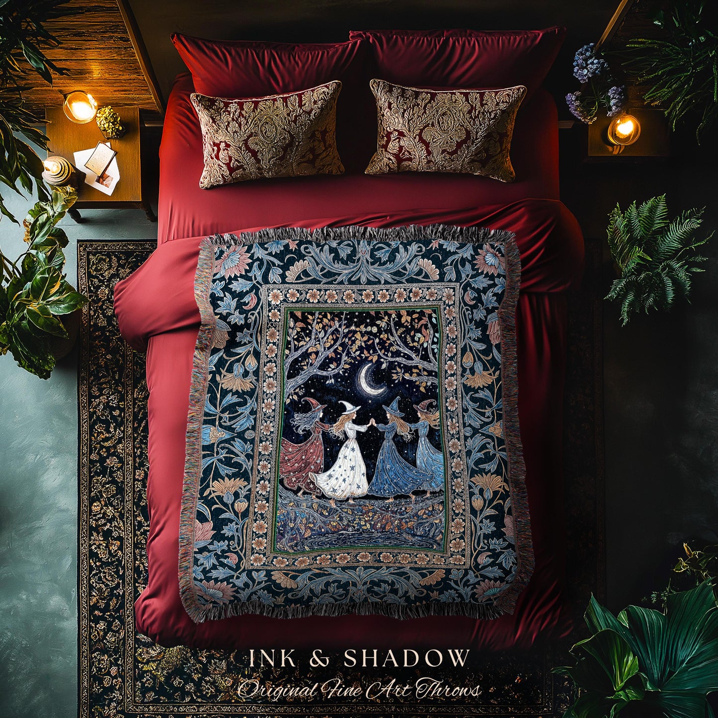 Moonlit Magic Witches Tapestry Blanket | Medieval Fairytale Floral Enchanted Witchcore Baroque Dark Folk Art Home Decor Occult Boho Throw |