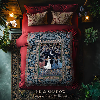 Moonlit Magic Witches Tapestry Blanket | Medieval Fairytale Floral Enchanted Witchcore Baroque Dark Folk Art Home Decor Occult Boho Throw |