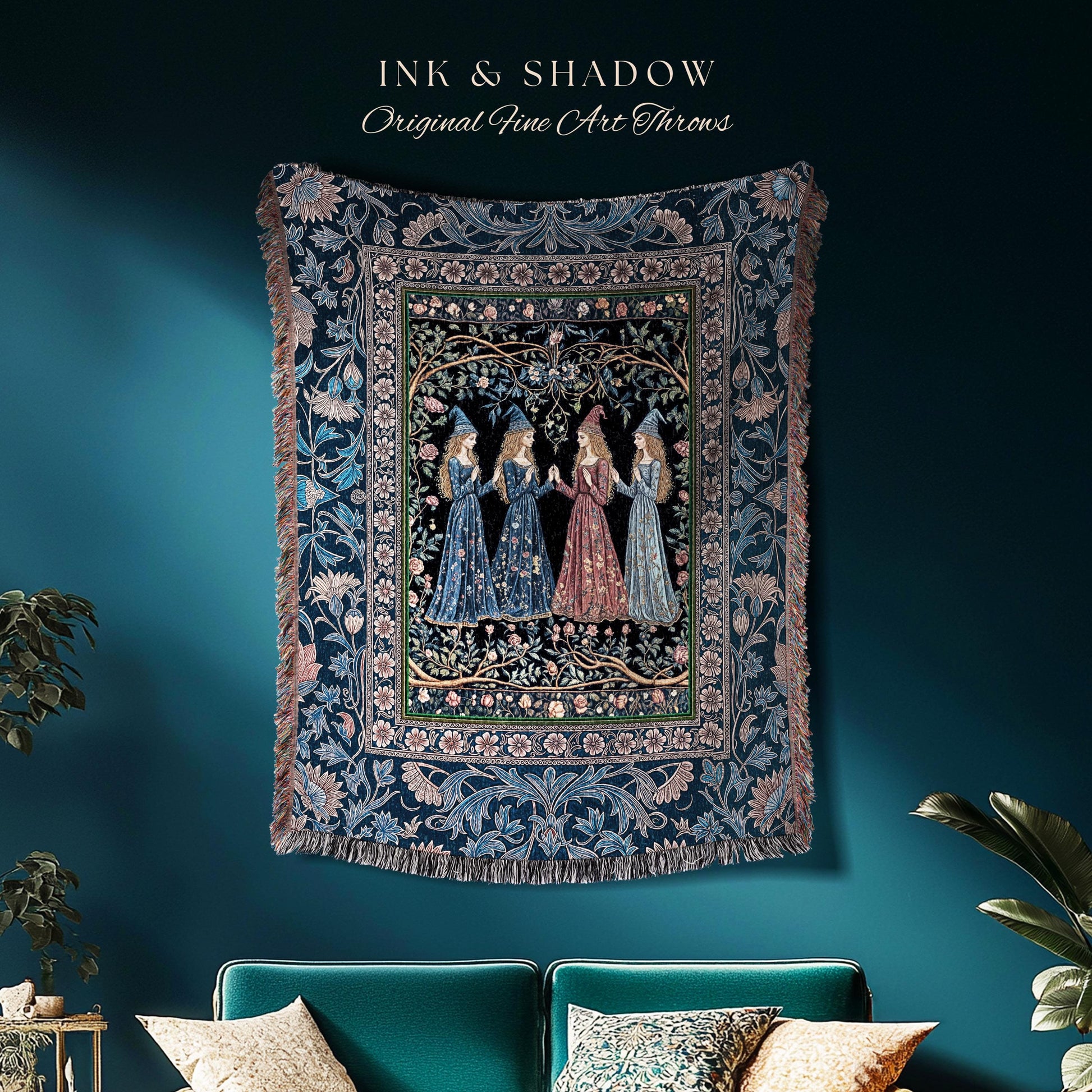 Medieval Coven Celestial Tapestry Blanket | Moody Aesthetic Witches Enchanted Art Nouveau Gothic Ethereal Folklore Woven Throw Ornate Magic