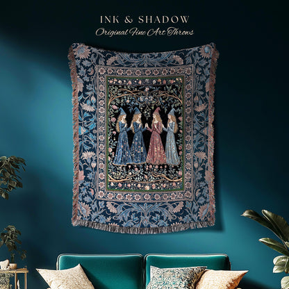 Medieval Coven Celestial Tapestry Blanket | Moody Aesthetic Witches Enchanted Art Nouveau Gothic Ethereal Folklore Woven Throw Ornate Magic
