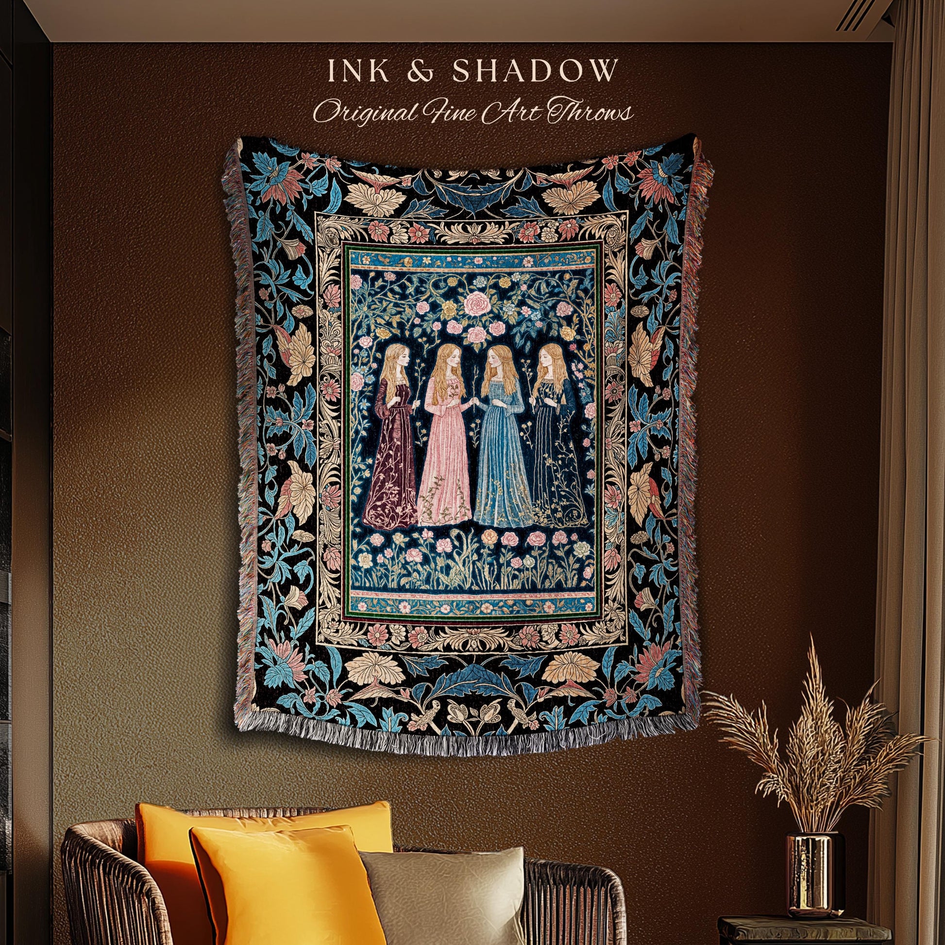 Bohemian Botanical Witch Tapestry Blanket | Enchanted Folklore Fairytale Witchcore Floral Medieval Dark Academia Ethereal Goddess Style |