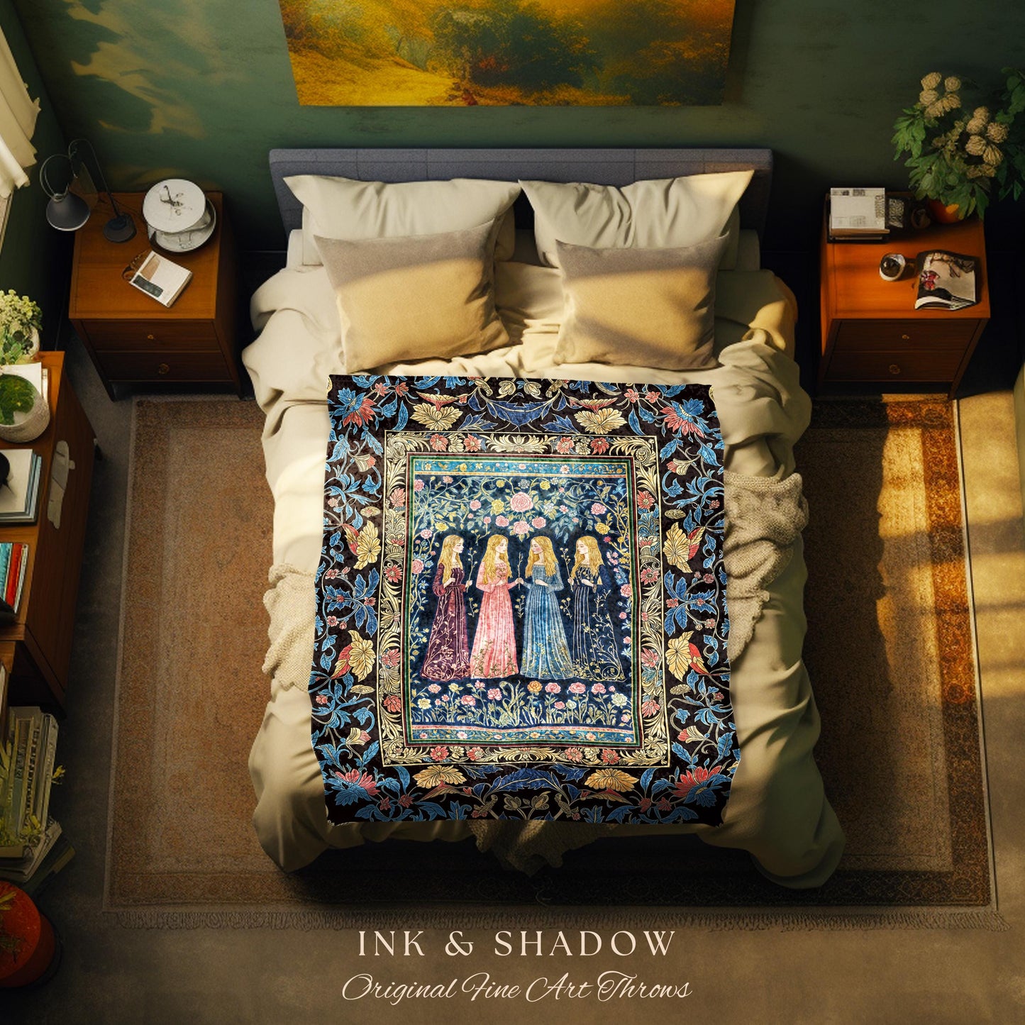 Bohemian Botanical Witch Tapestry Blanket | Enchanted Folklore Fairytale Witchcore Floral Medieval Dark Academia Ethereal Goddess Style |