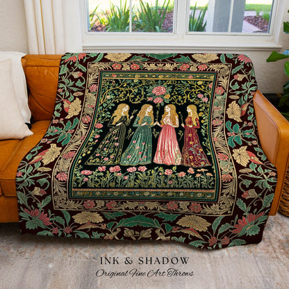 Renaissance Witch Coven Throw Blanket | Whimsical Folklore Enchanted Floral Woven Wall Tapestry Spellbound Gothic Art Mystic Fairytale Decor
