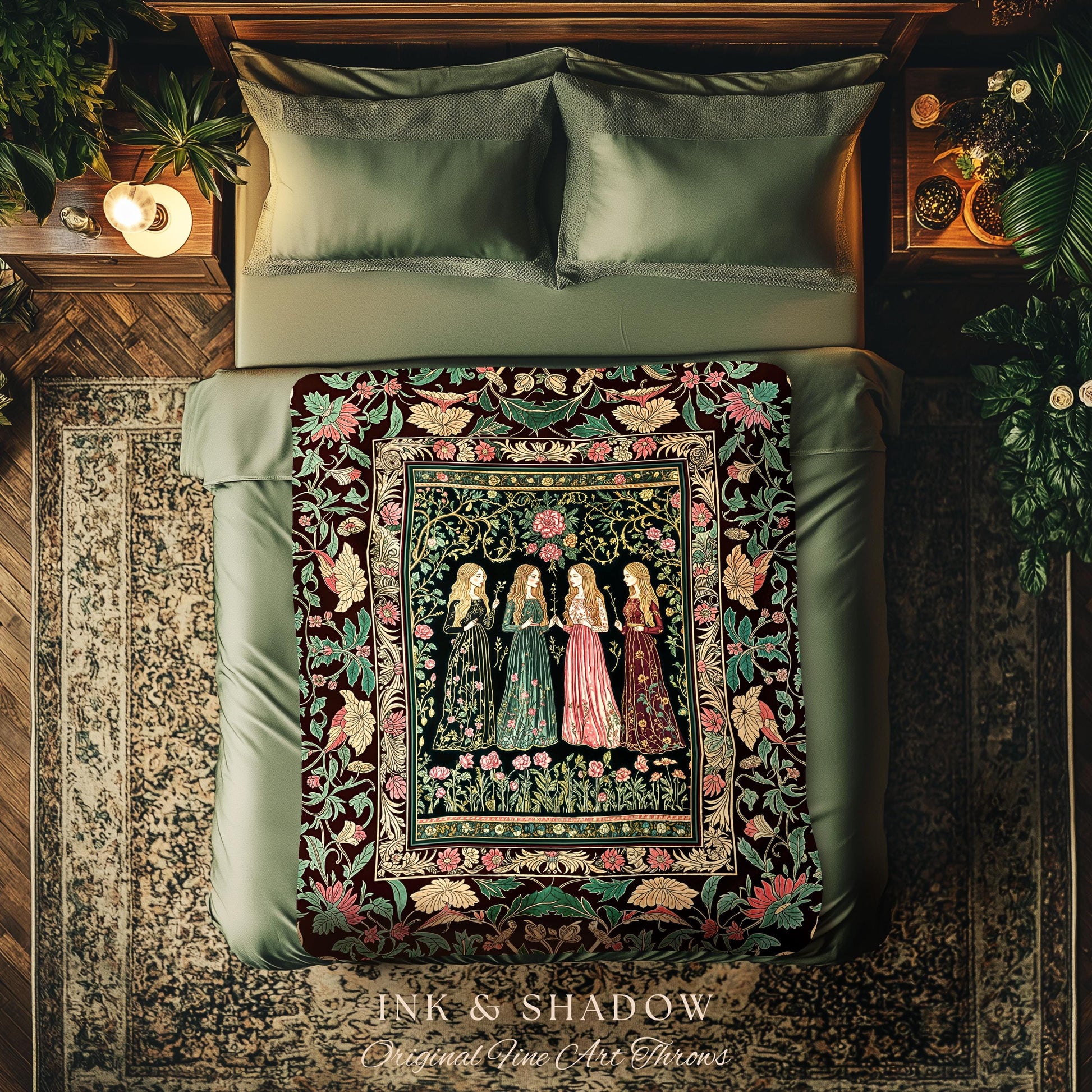 Renaissance Witch Coven Throw Blanket | Whimsical Folklore Enchanted Floral Woven Wall Tapestry Spellbound Gothic Art Mystic Fairytale Decor