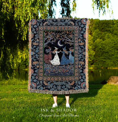 Moonlit Magic Witches Tapestry Blanket | Medieval Fairytale Floral Enchanted Witchcore Baroque Dark Folk Art Home Decor Occult Boho Throw |