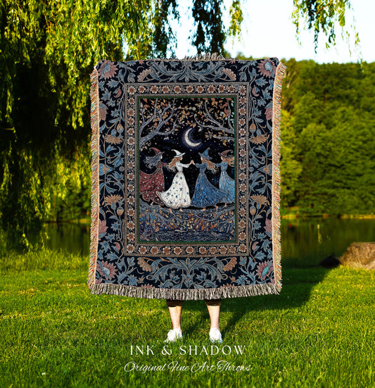 Moonlit Magic Witches Tapestry Blanket | Medieval Fairytale Floral Enchanted Witchcore Baroque Dark Folk Art Home Decor Occult Boho Throw |