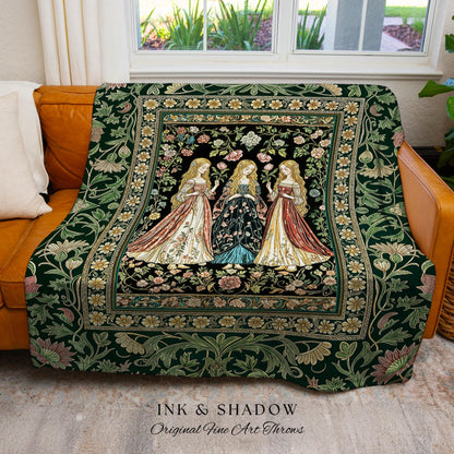 Coven Sisterhood Mystic Woven Blanket | Witchcore Medieval Folklore Enchanted Botanical Wall Tapestry Celestial Folklore Wiccan Aesthetic |