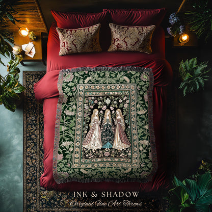 Coven Sisterhood Mystic Woven Blanket | Witchcore Medieval Folklore Enchanted Botanical Wall Tapestry Celestial Folklore Wiccan Aesthetic |
