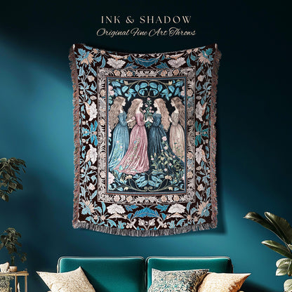 Sorceress Sisters Magic Woven Throw Blanket | Lunar Garden Witch Wall Tapestry Fairytale Storybook Tapestry Renaissance Woodland Sorcery |