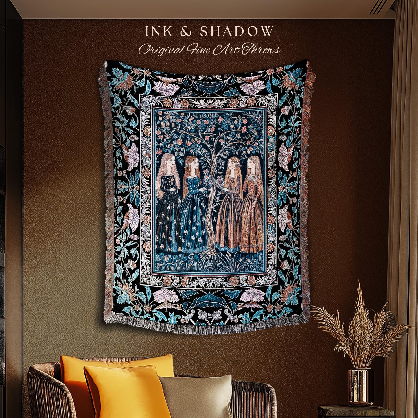 Enchanted Sisterhood Folklore Throw Blanket | Moody Bedroom Dark Enchantment Woven Wall Tapestry Mythical Aesthetic Folk Art Dreamy Decor
