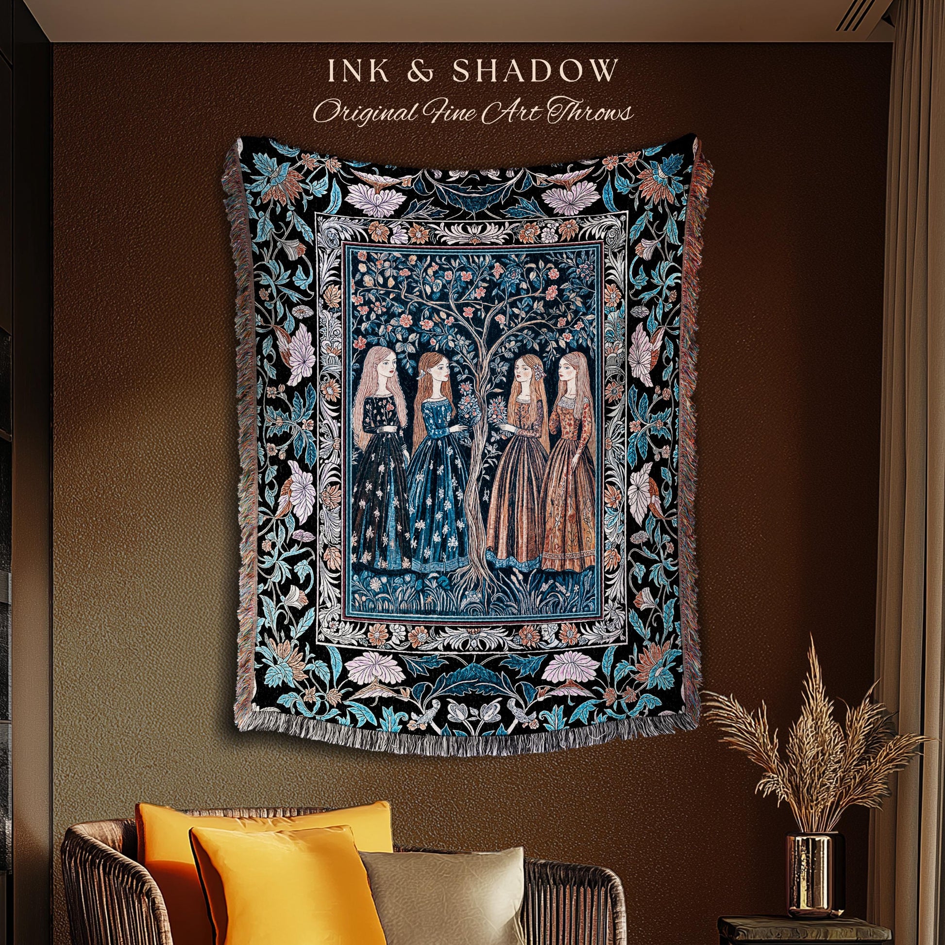 Enchanted Sisterhood Folklore Throw Blanket | Moody Bedroom Dark Enchantment Woven Wall Tapestry Mythical Aesthetic Folk Art Dreamy Decor