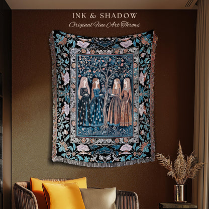 Enchanted Sisterhood Folklore Throw Blanket | Moody Bedroom Dark Enchantment Woven Wall Tapestry Mythical Aesthetic Folk Art Dreamy Decor