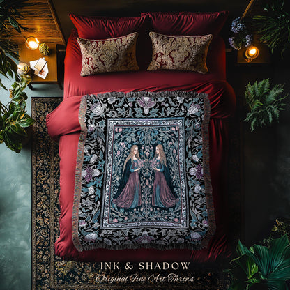 Witchy Sisters Arcane Forest Blanket | Celestial Witchcraft Baroque Folklore Woven Wall Tapestry Fairytale Gothic Storybook Aesthetic Throw