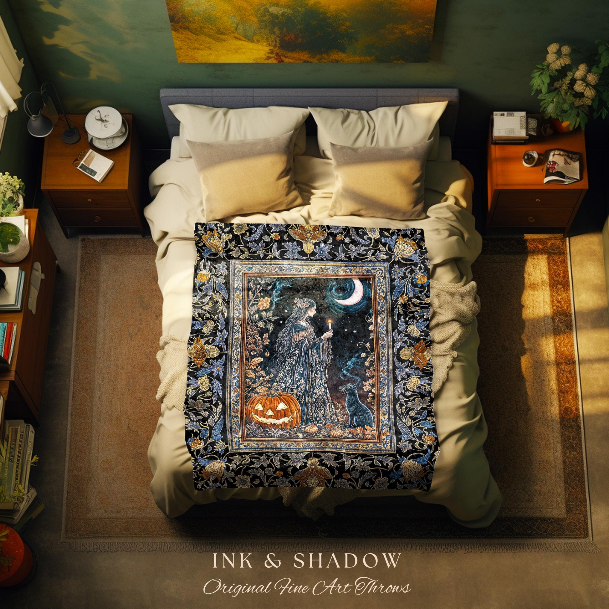 Moonlit Jack-o-lantern Witch Throw Blanket | Enchanted Forest Baroque Maiden Pastel Folklore Black Cat Celestial Aesthetic Wall Tapestry |