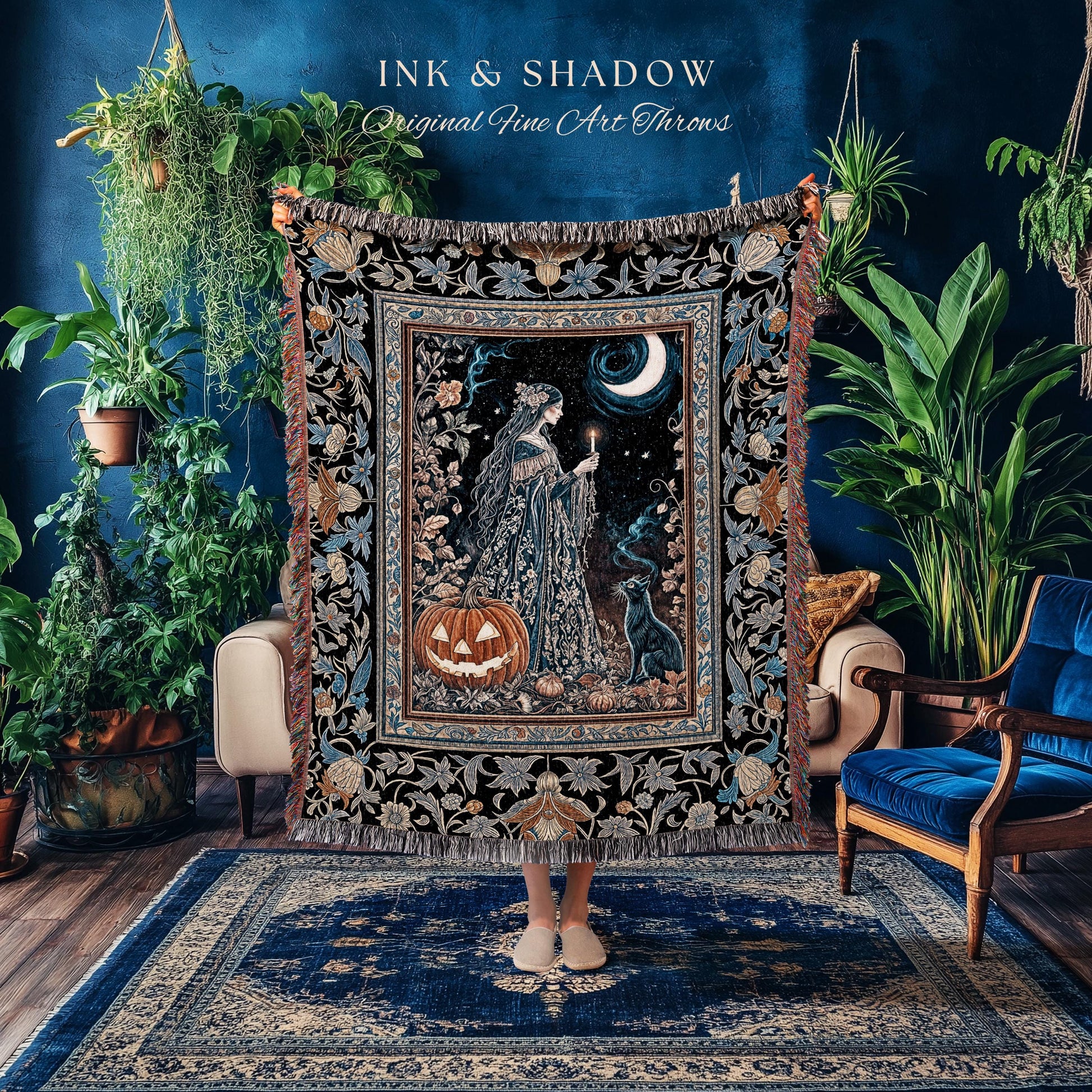Moonlit Jack-o-lantern Witch Throw Blanket | Enchanted Forest Baroque Maiden Pastel Folklore Black Cat Celestial Aesthetic Wall Tapestry |