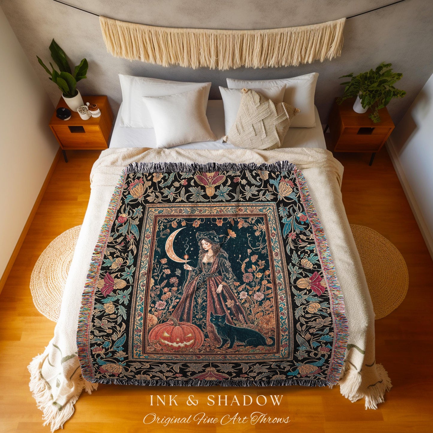 Black Cat Witch Spooky Season Blanket | Celestial Sorceress Ethereal Halloween Woven Wall Tapestry Jack-o-lantern Wiccan Enchantment Gothic
