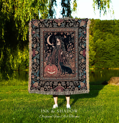 Black Cat Witch Spooky Season Blanket | Celestial Sorceress Ethereal Halloween Woven Wall Tapestry Jack-o-lantern Wiccan Enchantment Gothic