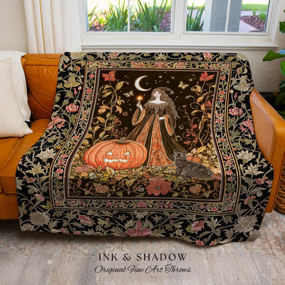 Midnight Sorcery Pumpkin Witch Blanket | Medieval Aesthetic Bohemian Halloween Woven Throw Gothic Wall Tapestry Folklore Black Cat Decor |