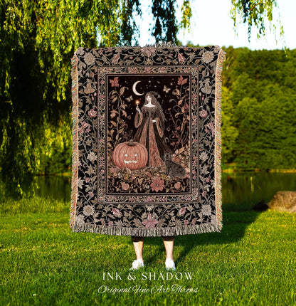 Midnight Sorcery Pumpkin Witch Blanket | Medieval Aesthetic Bohemian Halloween Woven Throw Gothic Wall Tapestry Folklore Black Cat Decor |