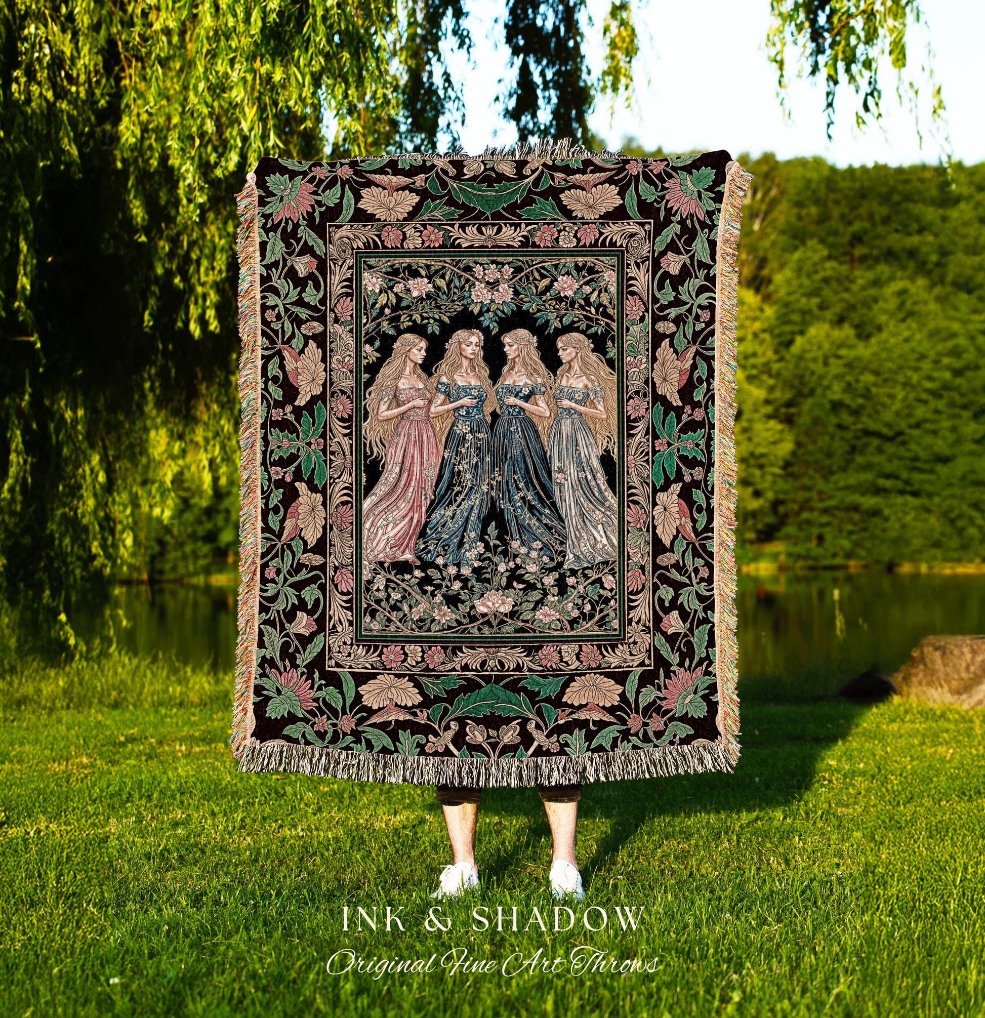 Magic Maidens Medieval Woven Tapestry | Dark Fairytale Witches Floral Forest Throw Blanket Ethereal Renaissance Gothic Art Decor Fairycore |