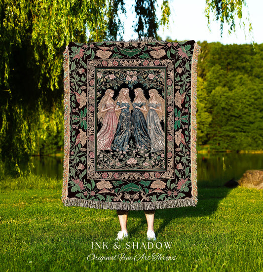 Magic Maidens Medieval Woven Tapestry | Dark Fairytale Witches Floral Forest Throw Blanket Ethereal Renaissance Gothic Art Decor Fairycore |