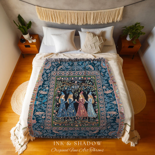 Medieval Coven Celestial Tapestry Blanket | Moody Aesthetic Witches Enchanted Art Nouveau Gothic Ethereal Folklore Woven Throw Ornate Magic