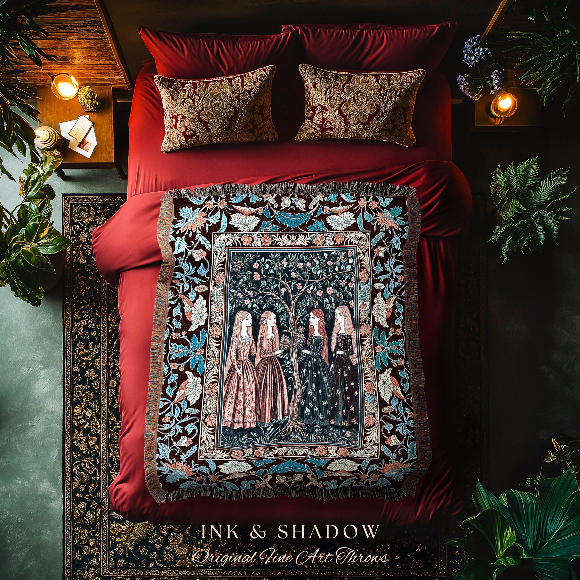 Pastel Fairy Forest Elegant Throw Blanket | Druid Tapestry Medieval Maiden Baroque Aesthetic Magic Decor Celestial Gothic Art Nouveau Decor