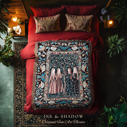 Pastel Fairy Forest Elegant Throw Blanket | Druid Tapestry Medieval Maiden Baroque Aesthetic Magic Decor Celestial Gothic Art Nouveau Decor