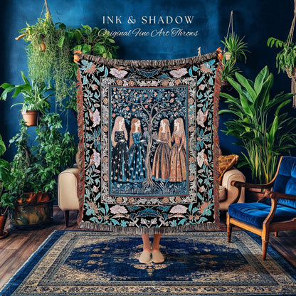 Enchanted Sisterhood Folklore Throw Blanket | Moody Bedroom Dark Enchantment Woven Wall Tapestry Mythical Aesthetic Folk Art Dreamy Decor