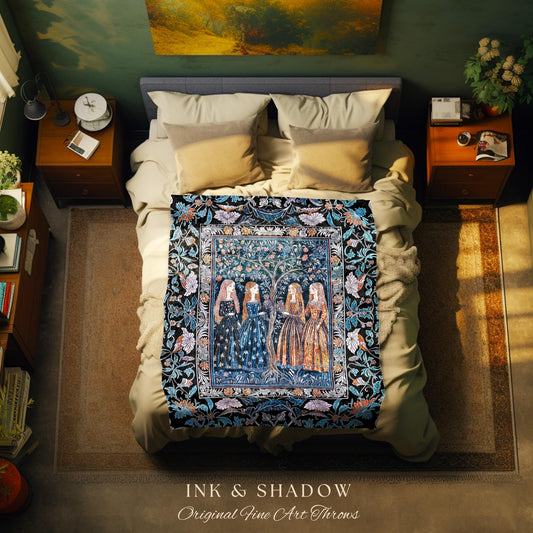 Enchanted Sisterhood Folklore Throw Blanket | Moody Bedroom Dark Enchantment Woven Wall Tapestry Mythical Aesthetic Folk Art Dreamy Decor