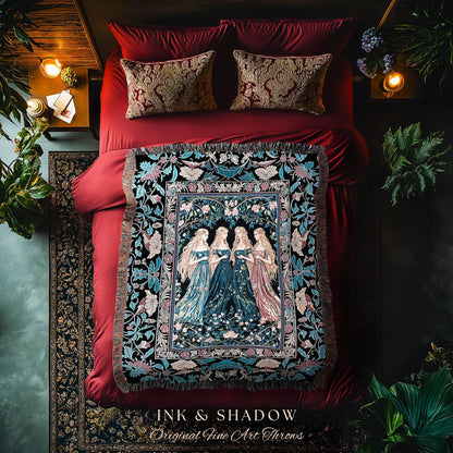 Rustic Medieval Fairycore Witch Picnic Blanket | Celestial Sorceress Gothic Elegance Woven Wall Tapestry Pastel Botanicals Folklore Style |