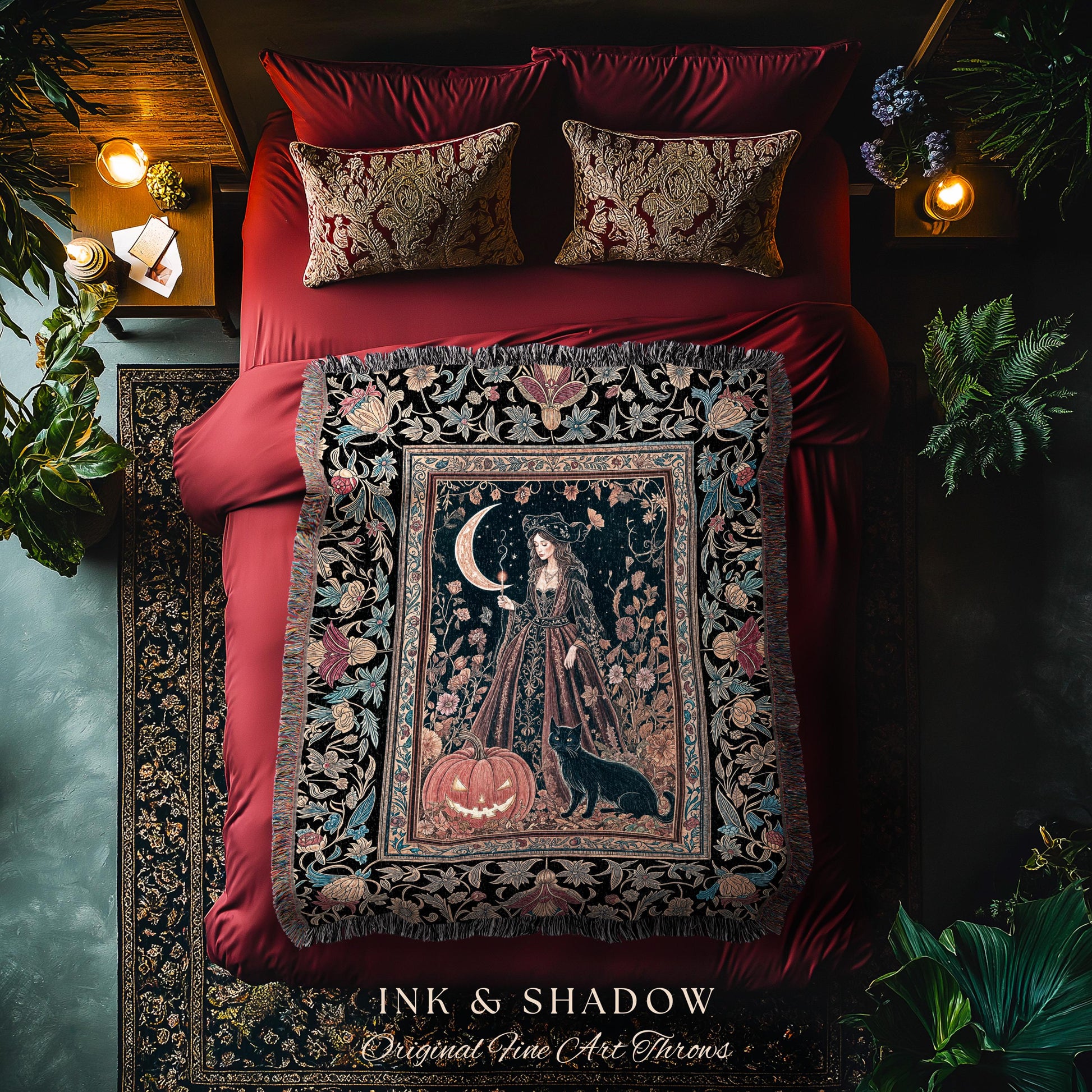 Black Cat Witch Spooky Season Blanket | Celestial Sorceress Ethereal Halloween Woven Wall Tapestry Jack-o-lantern Wiccan Enchantment Gothic