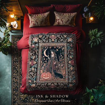 Black Cat Witch Spooky Season Blanket | Celestial Sorceress Ethereal Halloween Woven Wall Tapestry Jack-o-lantern Wiccan Enchantment Gothic