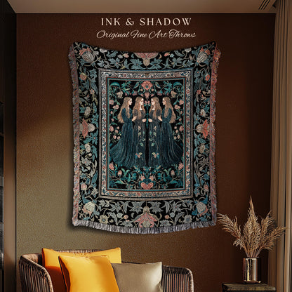 Elegant Medieval Storybook Tapestry | Ornate Botanical Enchantment Dark Gothic Romance Folk Art Renaissance Magic Woven Throw Blanket Witchy