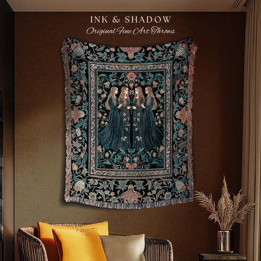 Elegant Medieval Storybook Tapestry | Ornate Botanical Enchantment Dark Gothic Romance Folk Art Renaissance Magic Woven Throw Blanket Witchy