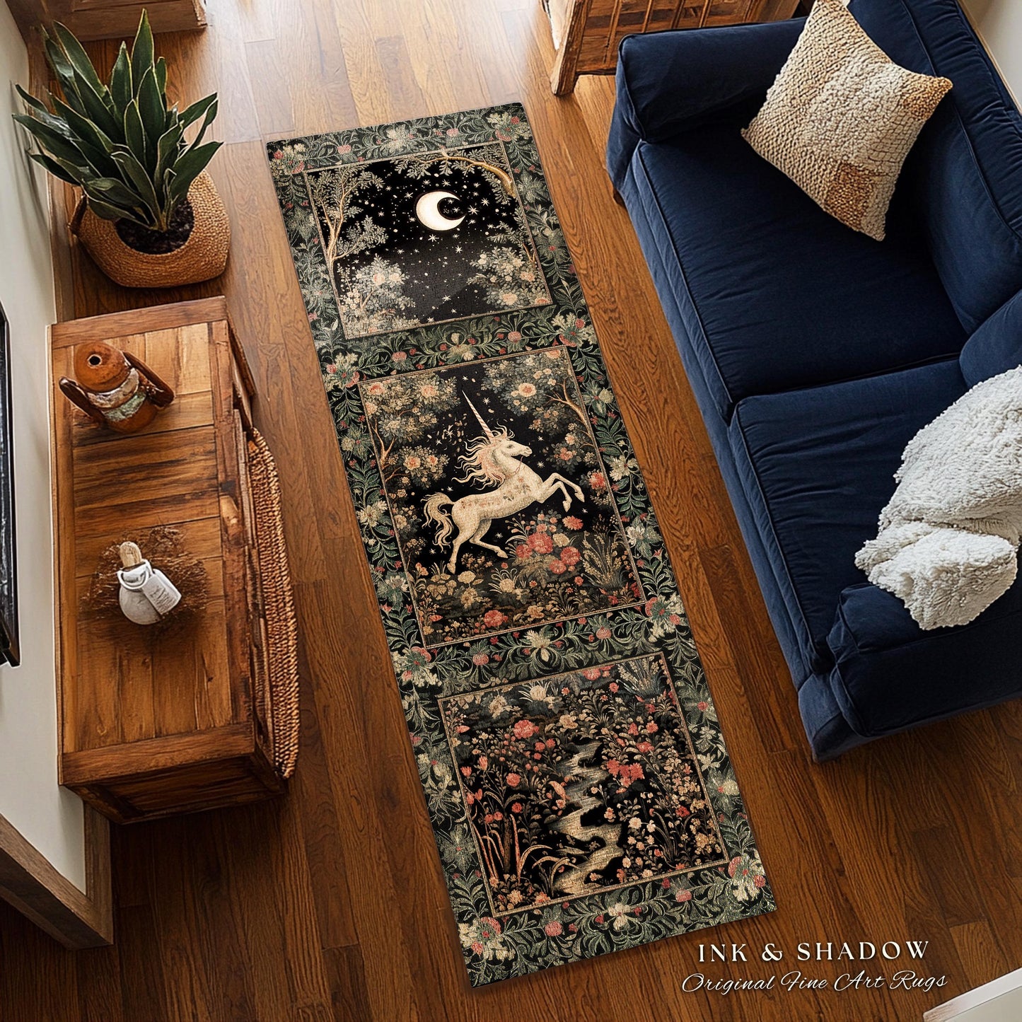 Mystical Folklore Unicorn Round Rug | Whimsical Decor Morris Inspired Cottagecore Aesthetic Pastel Floral Woodland Fairycore Large Area Rug