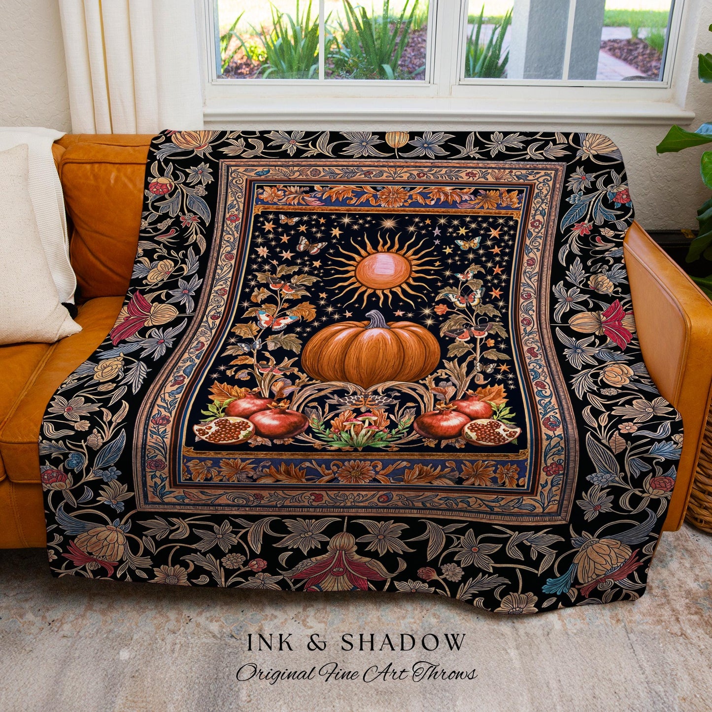 Baroque Elegance Fall Pumpkin Blanket | Aesthetic Fall Throw Spooky Season Gothiccore Witchy Cozy Autumn Blanket Rustic Fall Tapestry Woven