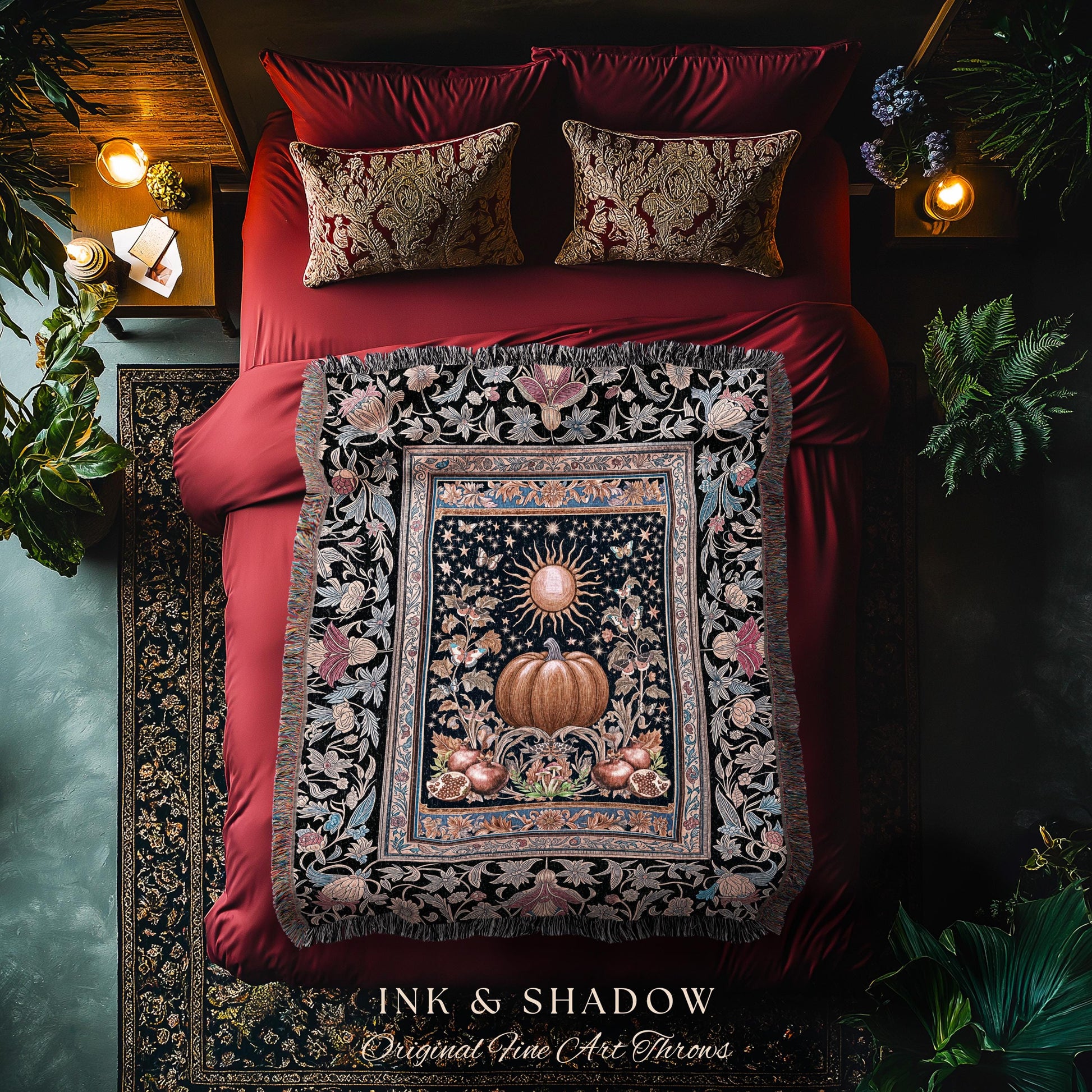 Baroque Elegance Fall Pumpkin Blanket | Aesthetic Fall Throw Spooky Season Gothiccore Witchy Cozy Autumn Blanket Rustic Fall Tapestry Woven