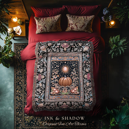 Baroque Elegance Fall Pumpkin Blanket | Aesthetic Fall Throw Spooky Season Gothiccore Witchy Cozy Autumn Blanket Rustic Fall Tapestry Woven