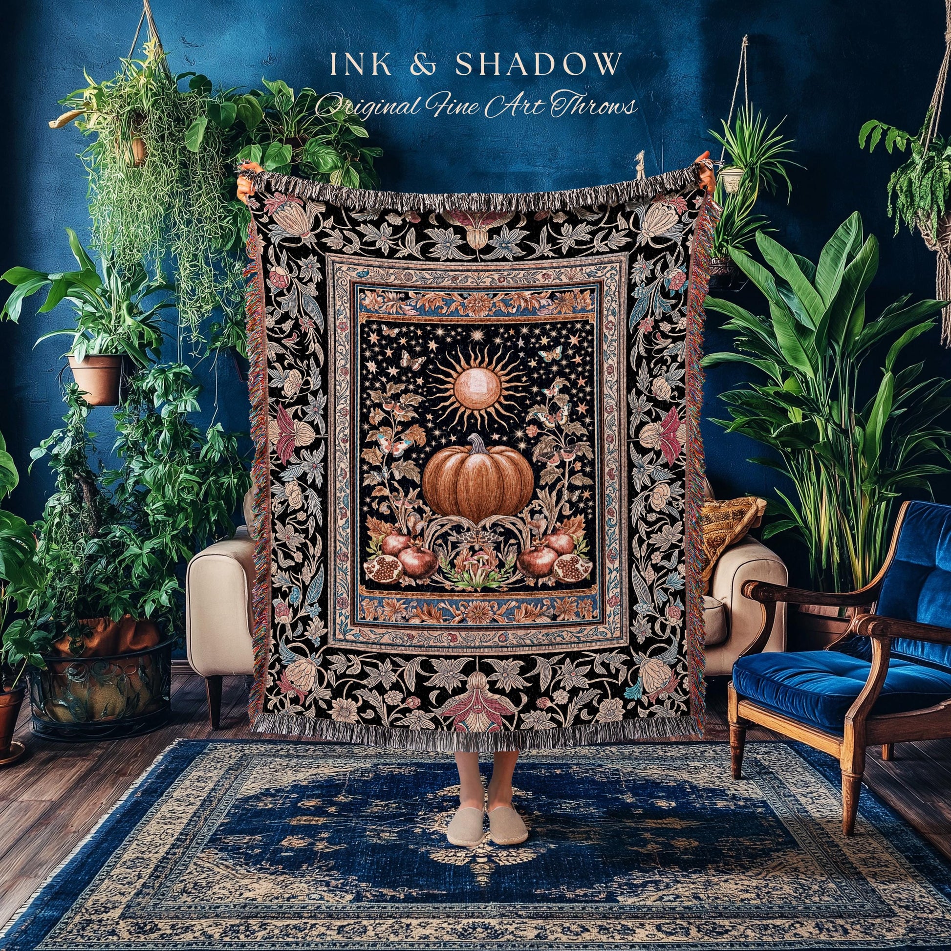 Baroque Elegance Fall Pumpkin Blanket | Aesthetic Fall Throw Spooky Season Gothiccore Witchy Cozy Autumn Blanket Rustic Fall Tapestry Woven