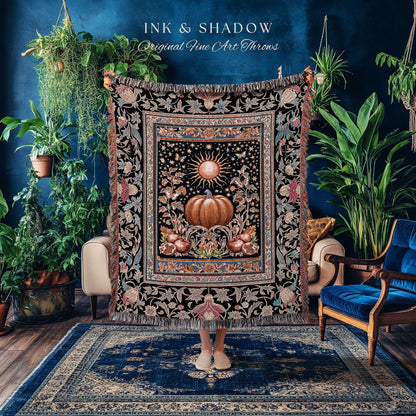 Baroque Elegance Fall Pumpkin Blanket | Aesthetic Fall Throw Spooky Season Gothiccore Witchy Cozy Autumn Blanket Rustic Fall Tapestry Woven