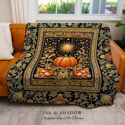 Rustic Harvest Aesthetic Pumpkin Blanket | Autumn Folklore Woven Throw Cozy Autumn Blanket Rustic Fall Room Vintage Tapestry Whimsical Decor