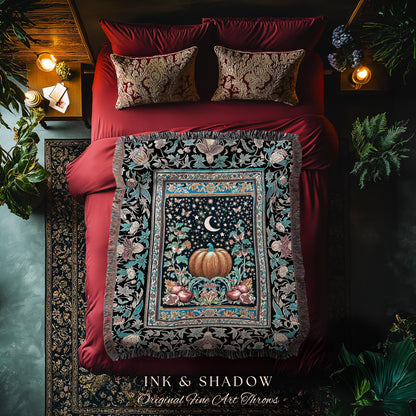 Moon Celestial Magic Woven Tapestry | Mystical Pumpkin Pomegranate Blanket Gothic Throw Autumnal Decor Witchy Accent Enchanting Aesthetic