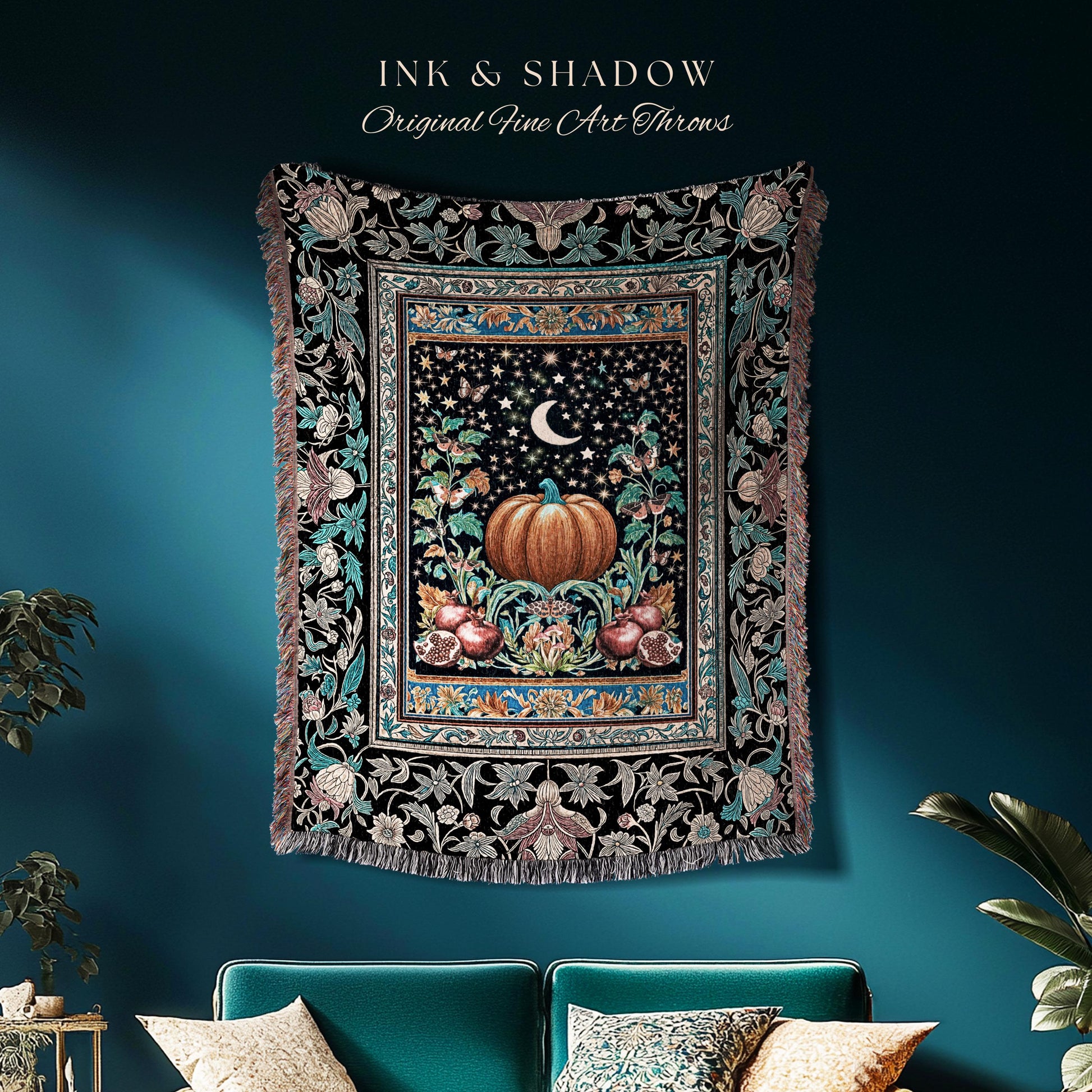 Moon Celestial Magic Woven Tapestry | Mystical Pumpkin Pomegranate Blanket Gothic Throw Autumnal Decor Witchy Accent Enchanting Aesthetic