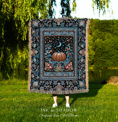 Blue Moon Pomegranate Pumpkin Blanket | Cozy Gothic Autumn Tapestry Spooky Throw Mystical Accent Cozy Night Sky Decor Witchy Boho Harvest |