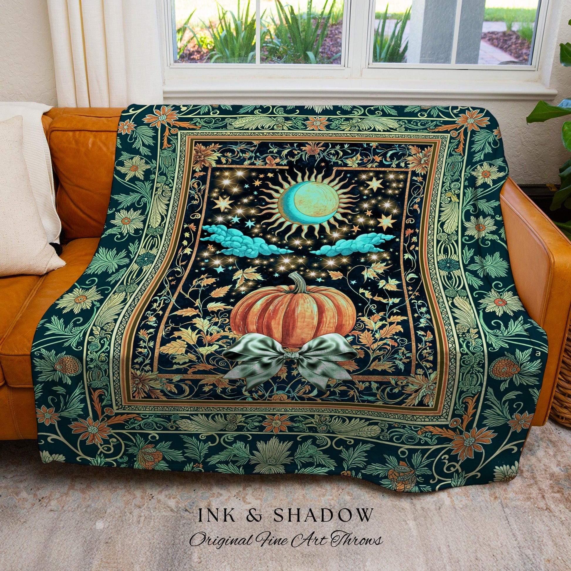 Tarot Aesthetic Moody Pumpkin Blanket | Mystical Autumn Decor Whimsical Accent Cozy Throw Gothic Vibe Woven Tapestry Spiritual Enchanting