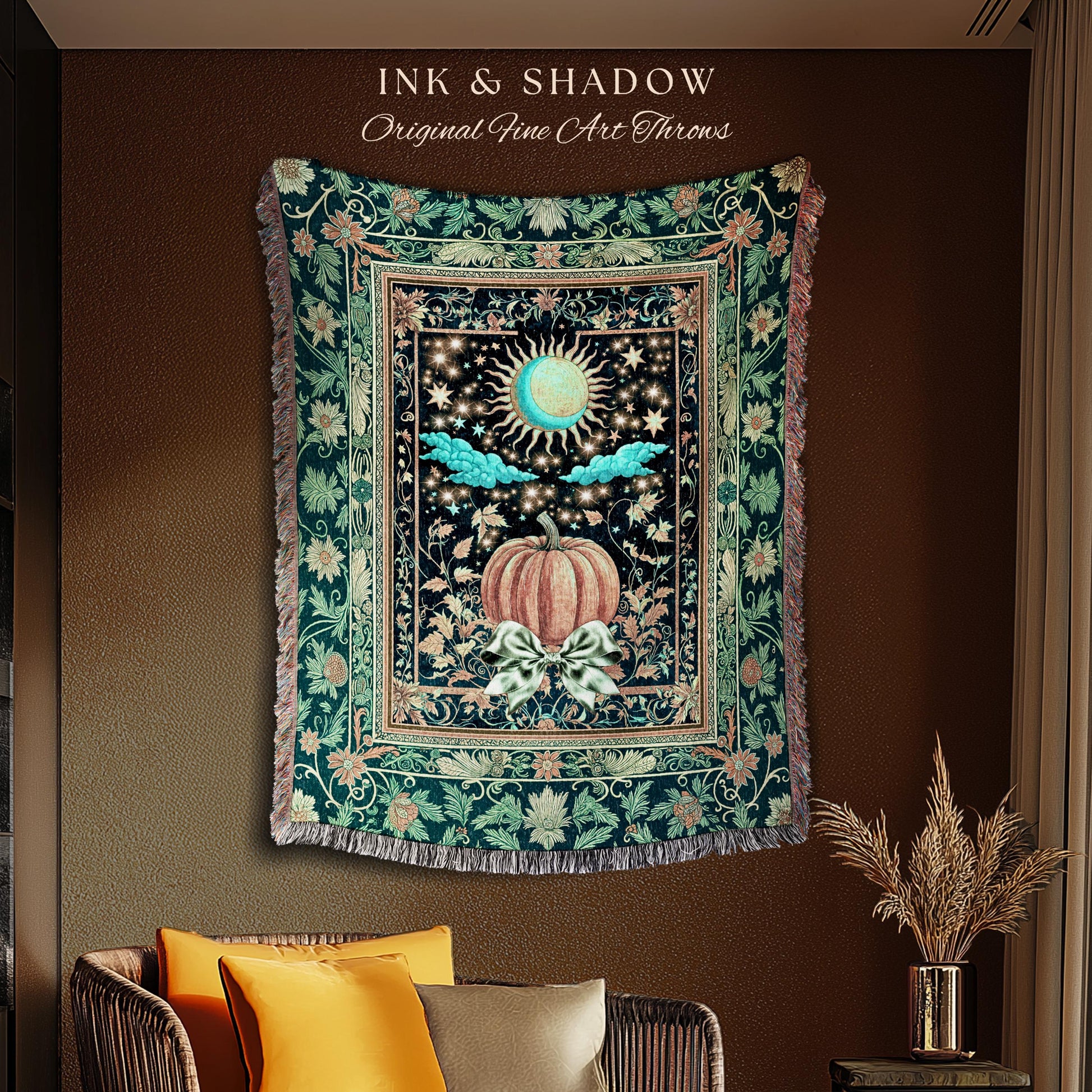 Tarot Aesthetic Moody Pumpkin Blanket | Mystical Autumn Decor Whimsical Accent Cozy Throw Gothic Vibe Woven Tapestry Spiritual Enchanting