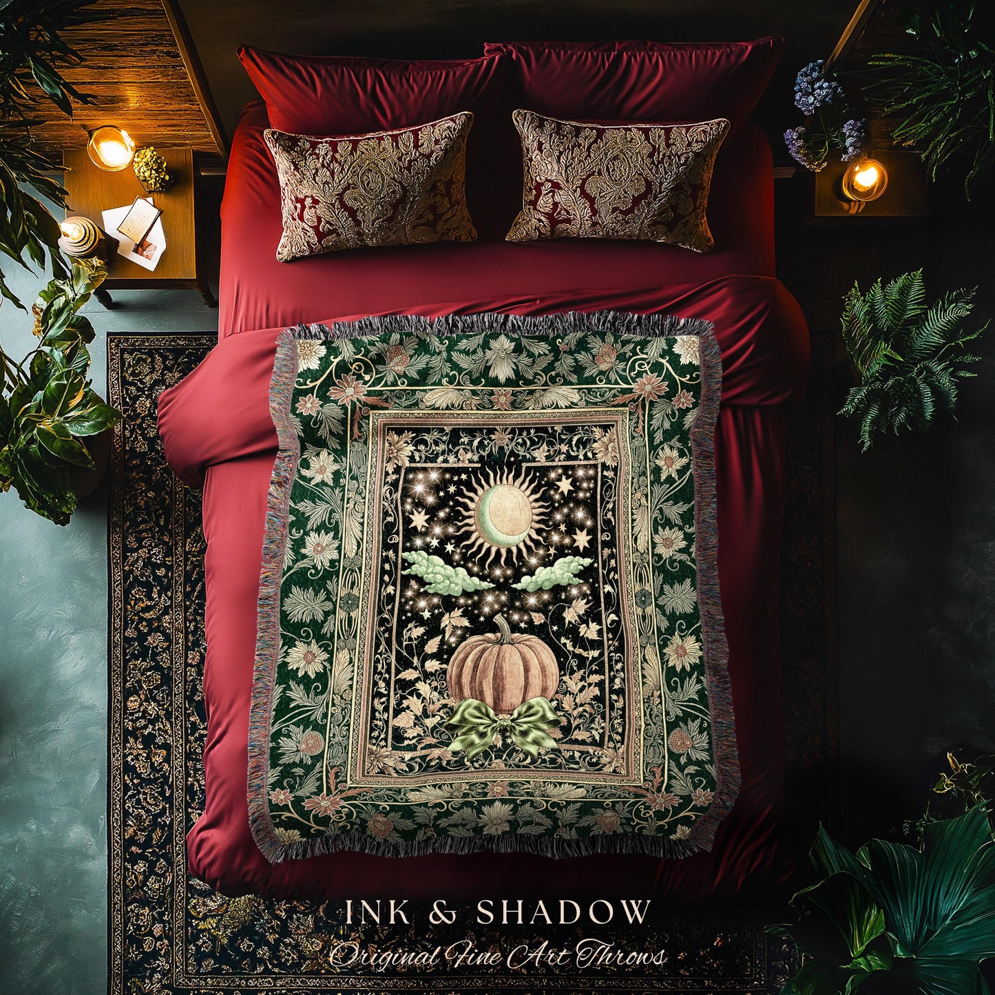 Sun and Moon Autumn Harvest Blanket | Gothic Autumn Decor Cozy Throw Mystical Aesthetic Woven Tapestry Accent Witchy Bedroom Whimsigothic |