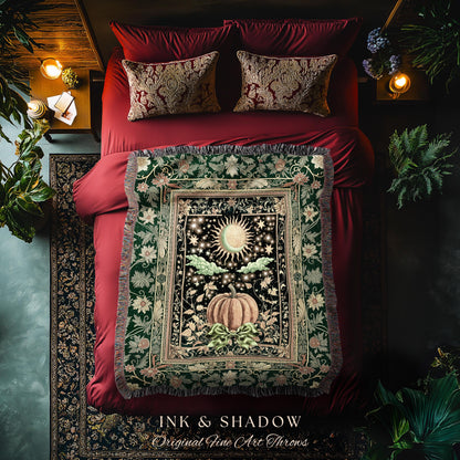Sun and Moon Autumn Harvest Blanket | Gothic Autumn Decor Cozy Throw Mystical Aesthetic Woven Tapestry Accent Witchy Bedroom Whimsigothic |